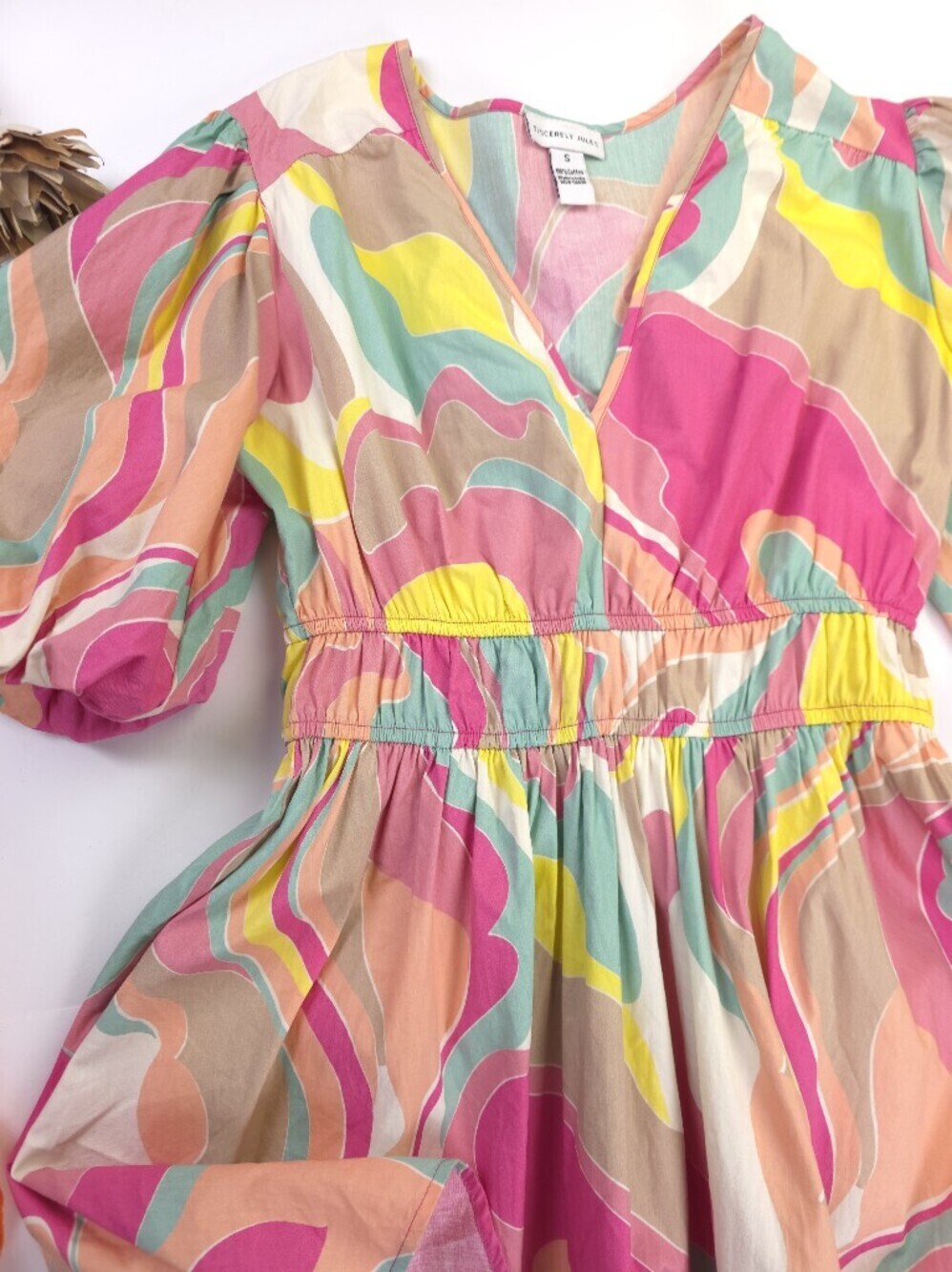 Sincerely Jules Colorful Swirl V-Neck Puff Sleeve Dress S - Picture 11 of 14